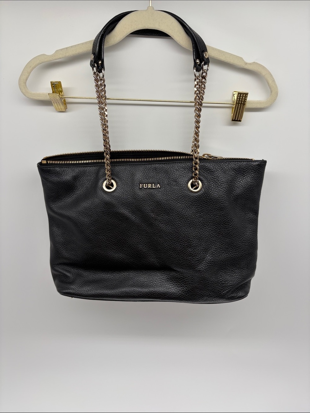 Furla Black Pebbled Leather Chain-Handle Shoulder Bag